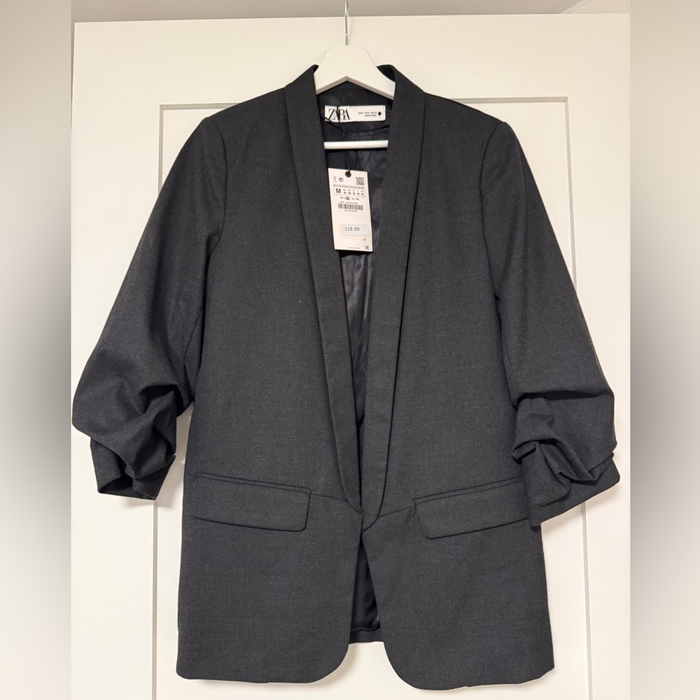 Zara Gray Blazer Suit Jacket with Ruched Arms